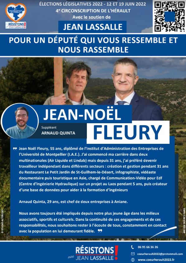 jean noel fleury affiche legislatives 2022 resistons 4e circonscription herault
